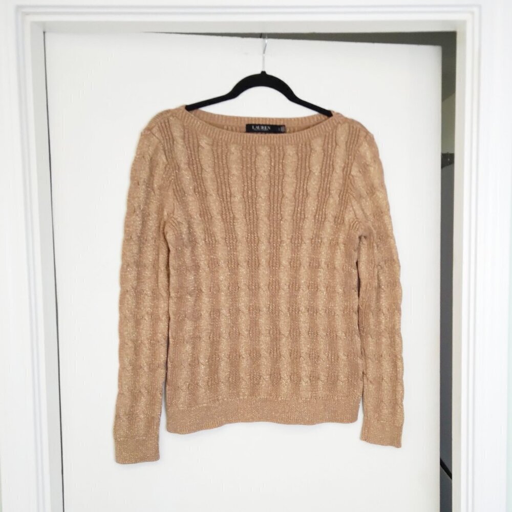 Metallic Gold 90% Woven in Cotton Cable Knit Boatneck Pullover Sweater Sz Lg - Picture 9 of 9